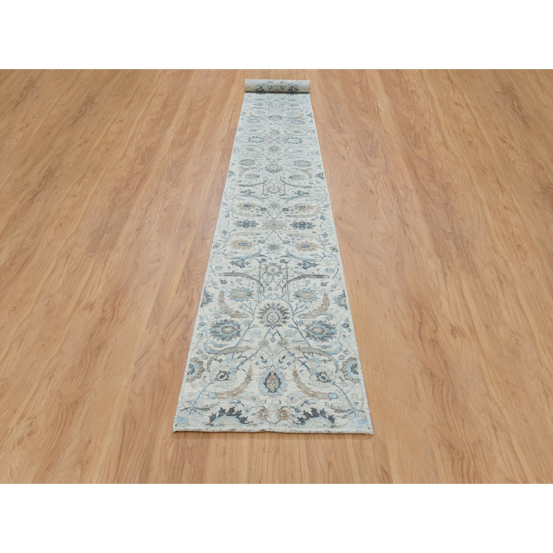 2'6"x20' Ivory, Sickle Leaf Design Soft Pile, Silk With Textured Wool Hand Knotted, XL Runner Oriental Rug HR64891 - Image 2