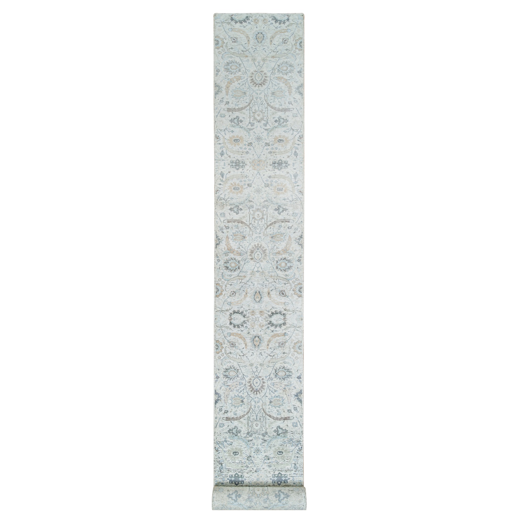 2'7"x22' Ivory, Hand Knotted Sickle Leaf Design, Soft Pile Silk With Textured Wool, XL Runner Oriental Rug HR64904