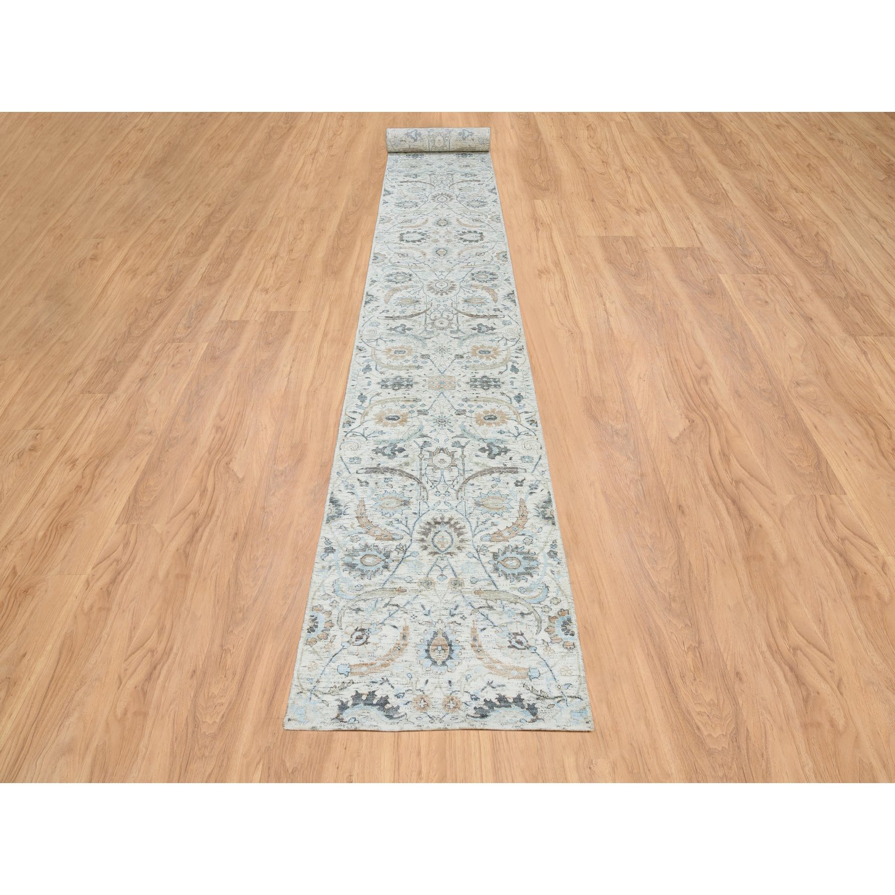 2'7"x22' Ivory, Hand Knotted Sickle Leaf Design, Soft Pile Silk With Textured Wool, XL Runner Oriental Rug HR64904 - Image 2