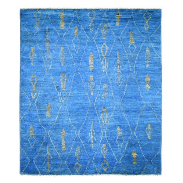 8'4"x9'4" Denim Blue Hand Knotted Boujaad Soft and Shiny Wool, Moroccan Berber with Criss Cross Pattern, Natural Dyes, Oriental Rug HR72160