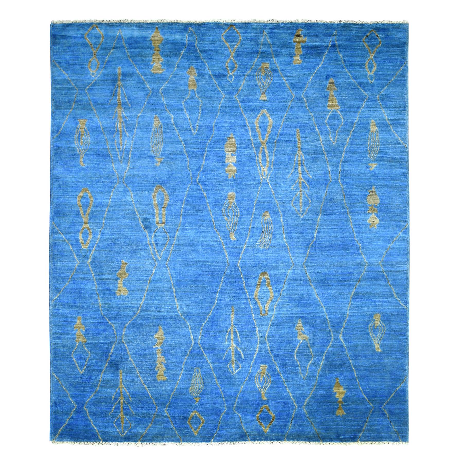 8'4"x9'4" Denim Blue Hand Knotted Boujaad Soft and Shiny Wool, Moroccan Berber with Criss Cross Pattern, Natural Dyes, Oriental Rug HR72160