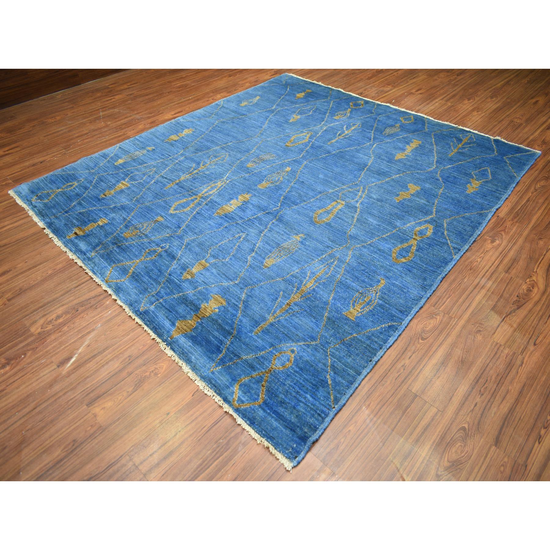 8'4"x9'4" Denim Blue Hand Knotted Boujaad Soft and Shiny Wool, Moroccan Berber with Criss Cross Pattern, Natural Dyes, Oriental Rug HR72160 - Image 4