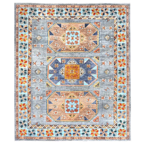8'3"x9'7" Silver Gray, Dense Weave Organic Wool, Hand Knotted Armenian Inspired Caucasian Design, 200 KPSI Vegetable Dyes, Oriental Rug HR82029
