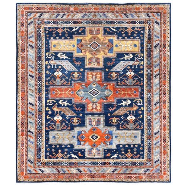 8'4"x9'7" Navy Blue, Natural Dyes Densely Woven, Natural Wool Hand Knotted, Armenian Inspired Caucasian Design with Bird Figurines 200 KPSI, Oriental Rug HR82030