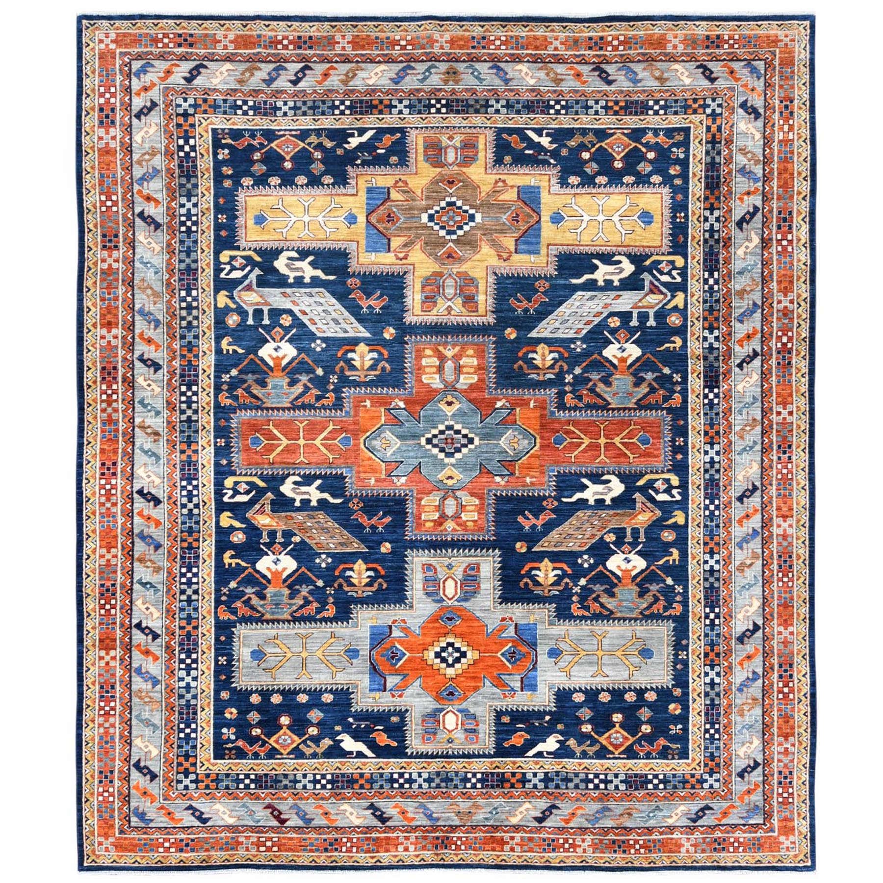 8'4"x9'7" Navy Blue, Natural Dyes Densely Woven, Natural Wool Hand Knotted, Armenian Inspired Caucasian Design with Bird Figurines 200 KPSI, Oriental Rug HR82030