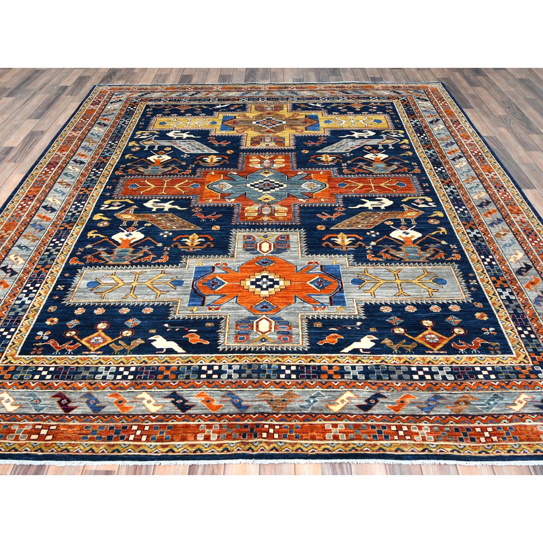 8'4"x9'7" Navy Blue, Natural Dyes Densely Woven, Natural Wool Hand Knotted, Armenian Inspired Caucasian Design with Bird Figurines 200 KPSI, Oriental Rug HR82030 - Image 3