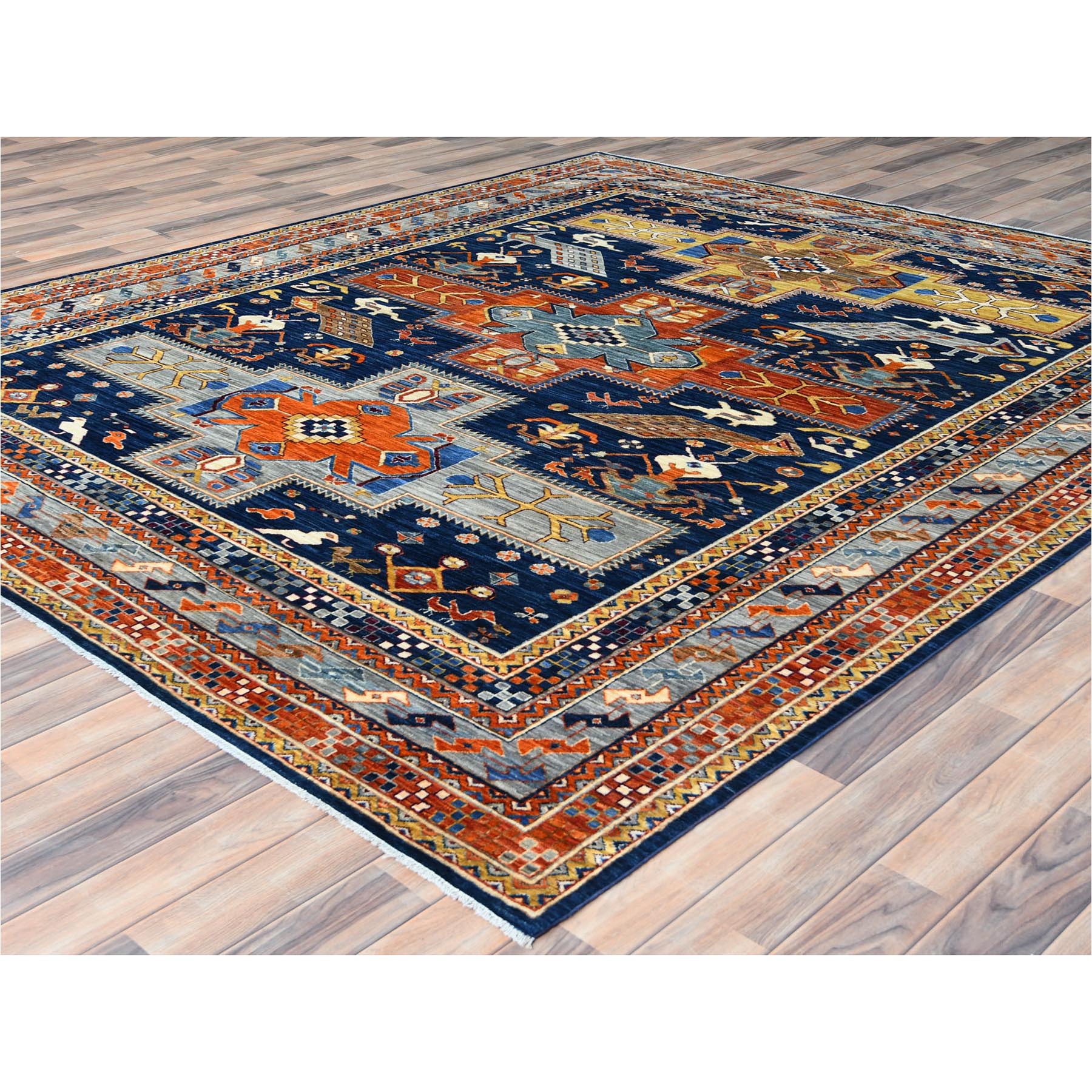 8'4"x9'7" Navy Blue, Natural Dyes Densely Woven, Natural Wool Hand Knotted, Armenian Inspired Caucasian Design with Bird Figurines 200 KPSI, Oriental Rug HR82030 - Image 4