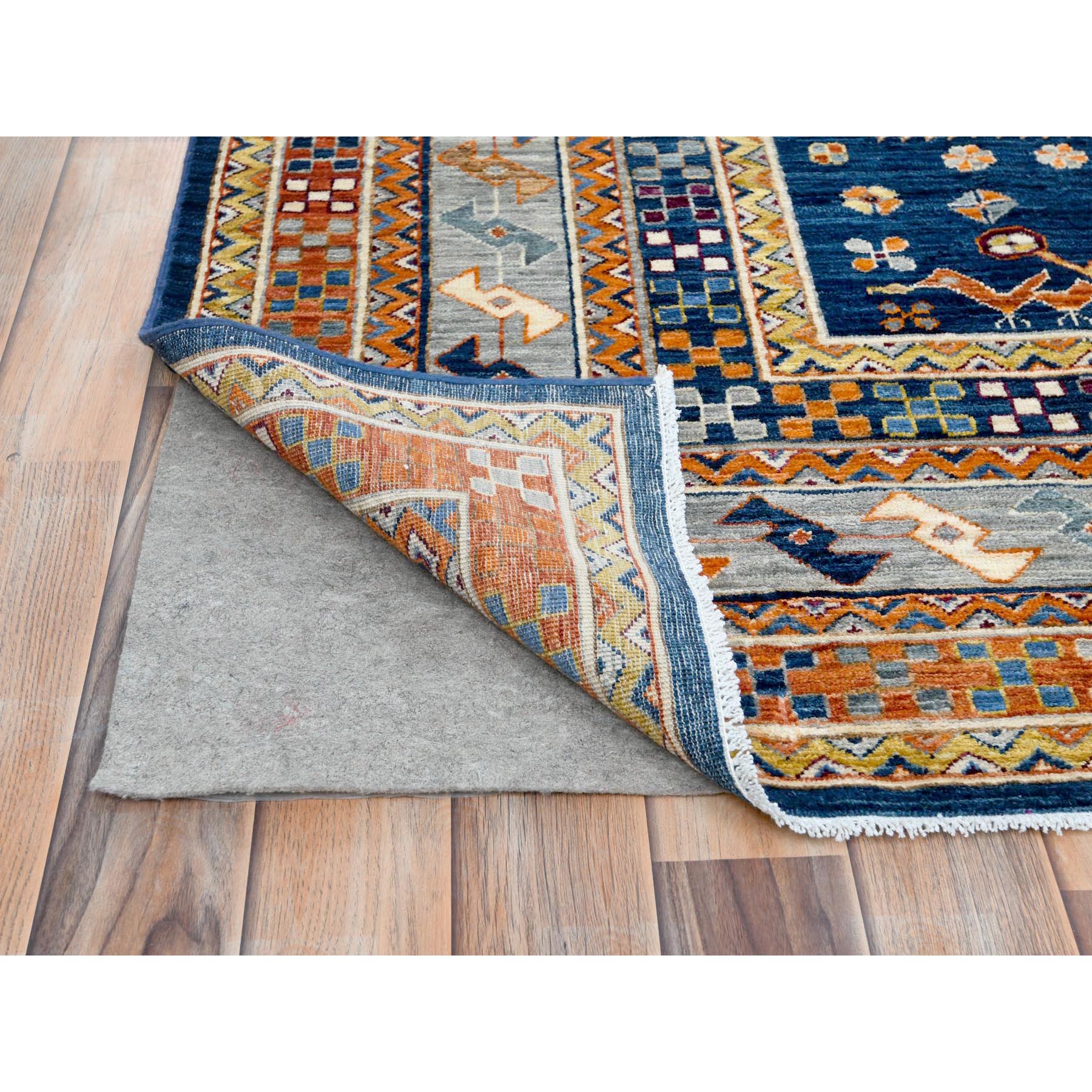 8'4"x9'7" Navy Blue, Natural Dyes Densely Woven, Natural Wool Hand Knotted, Armenian Inspired Caucasian Design with Bird Figurines 200 KPSI, Oriental Rug HR82030 - Image 5