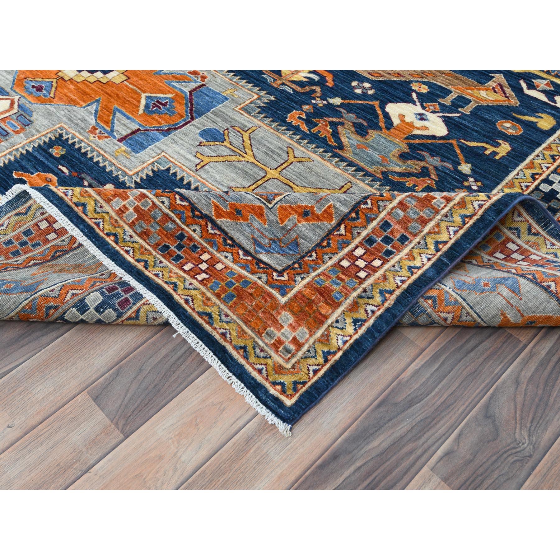 8'4"x9'7" Navy Blue, Natural Dyes Densely Woven, Natural Wool Hand Knotted, Armenian Inspired Caucasian Design with Bird Figurines 200 KPSI, Oriental Rug HR82030 - Image 7