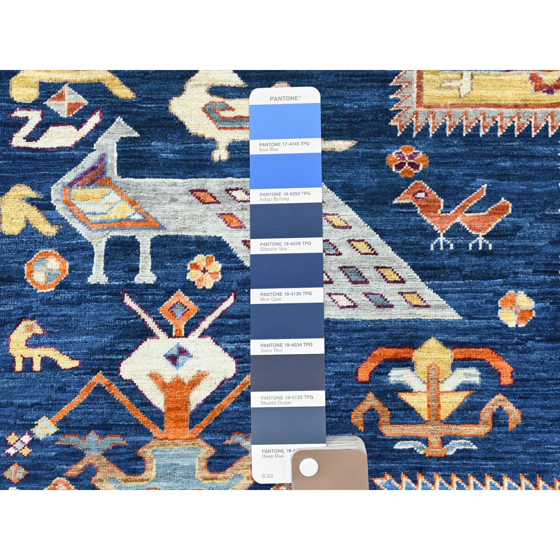 8'4"x9'7" Navy Blue, Natural Dyes Densely Woven, Natural Wool Hand Knotted, Armenian Inspired Caucasian Design with Bird Figurines 200 KPSI, Oriental Rug HR82030 - Image 8