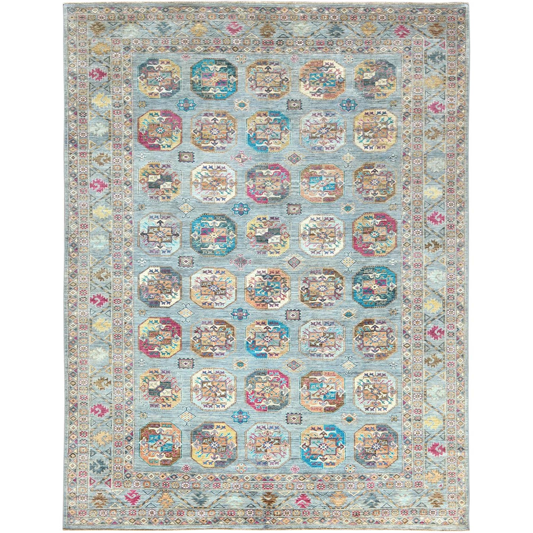 8'8"x11'9" Light Blue, Vegetable Dyes Dense Weave, Extra Soft Wool Hand Knotted, Afghan Super Kazak with Geometric Medallions, Oriental Rug HR82273