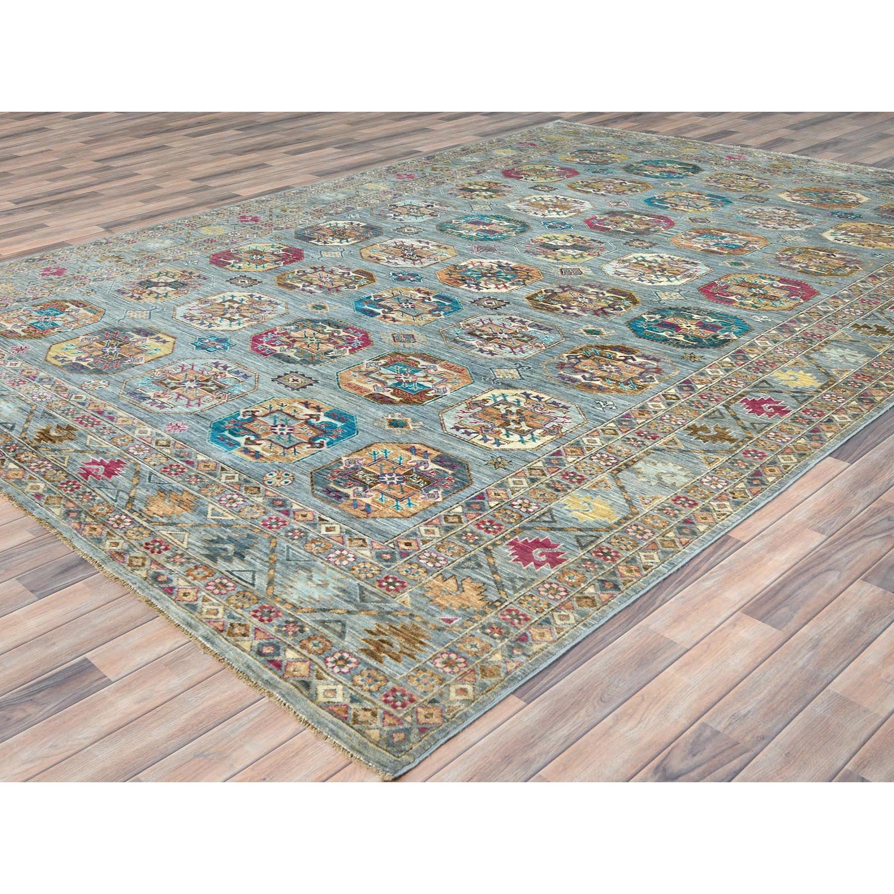 8'8"x11'9" Light Blue, Vegetable Dyes Dense Weave, Extra Soft Wool Hand Knotted, Afghan Super Kazak with Geometric Medallions, Oriental Rug HR82273 - Image 4
