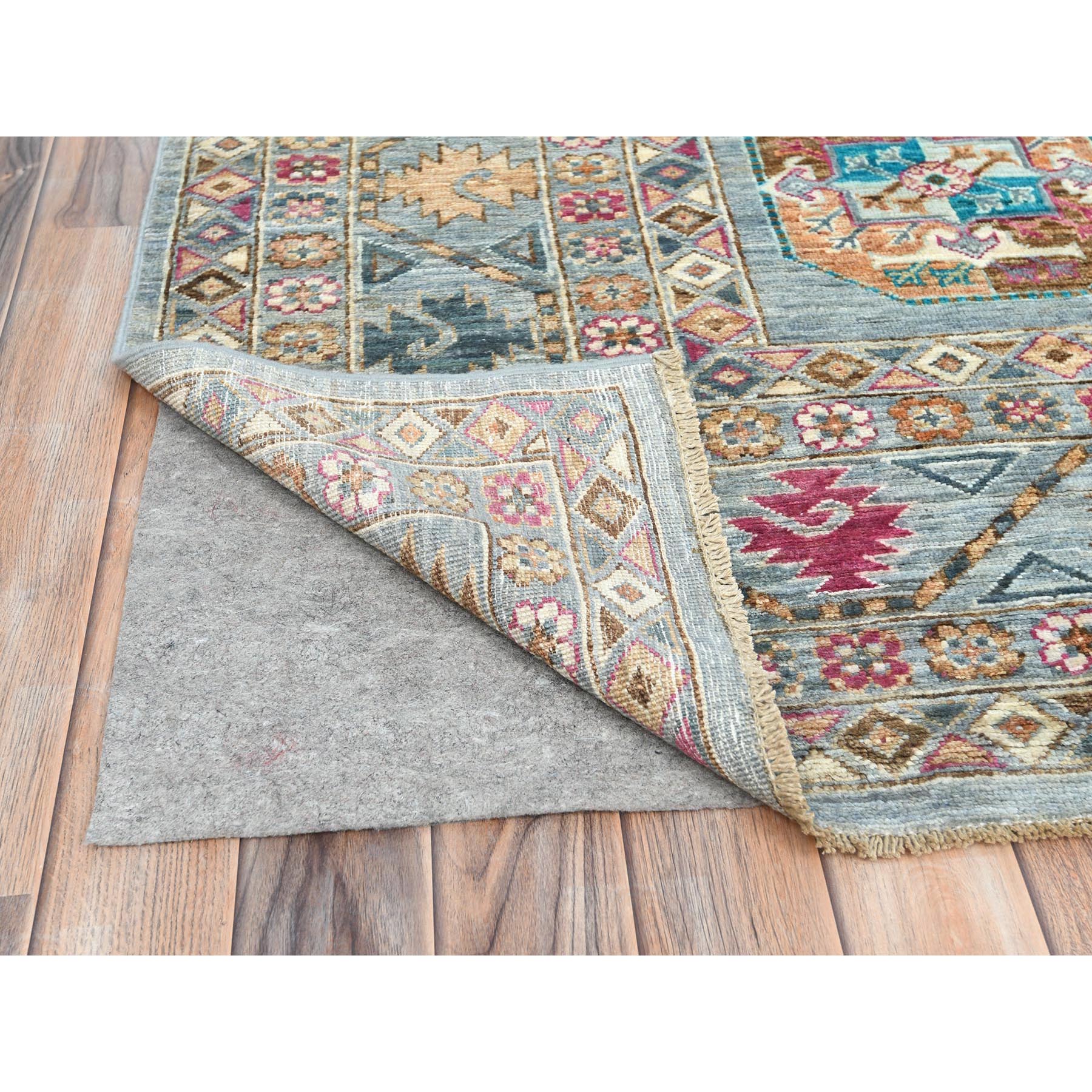 8'8"x11'9" Light Blue, Vegetable Dyes Dense Weave, Extra Soft Wool Hand Knotted, Afghan Super Kazak with Geometric Medallions, Oriental Rug HR82273 - Image 5