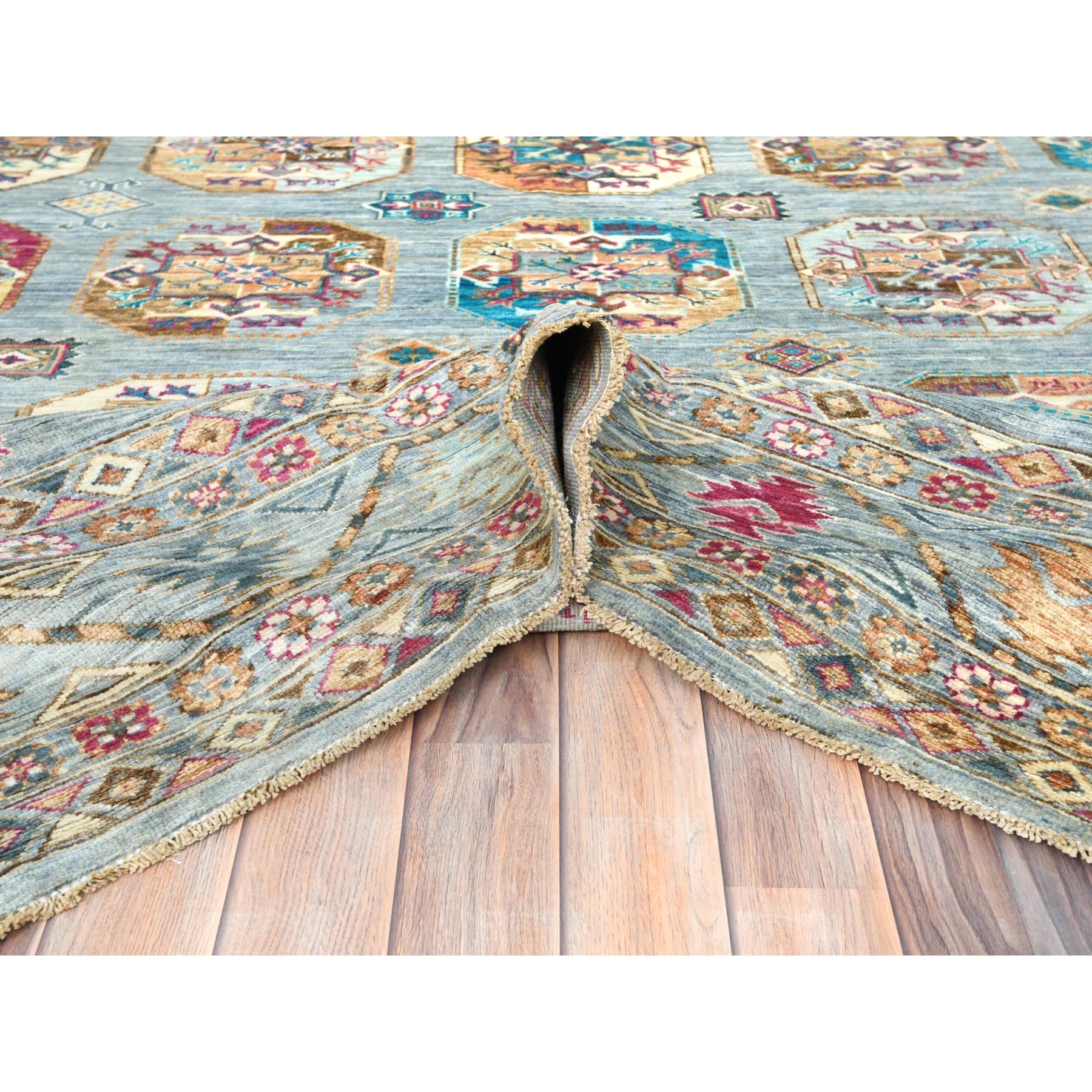 8'8"x11'9" Light Blue, Vegetable Dyes Dense Weave, Extra Soft Wool Hand Knotted, Afghan Super Kazak with Geometric Medallions, Oriental Rug HR82273 - Image 6