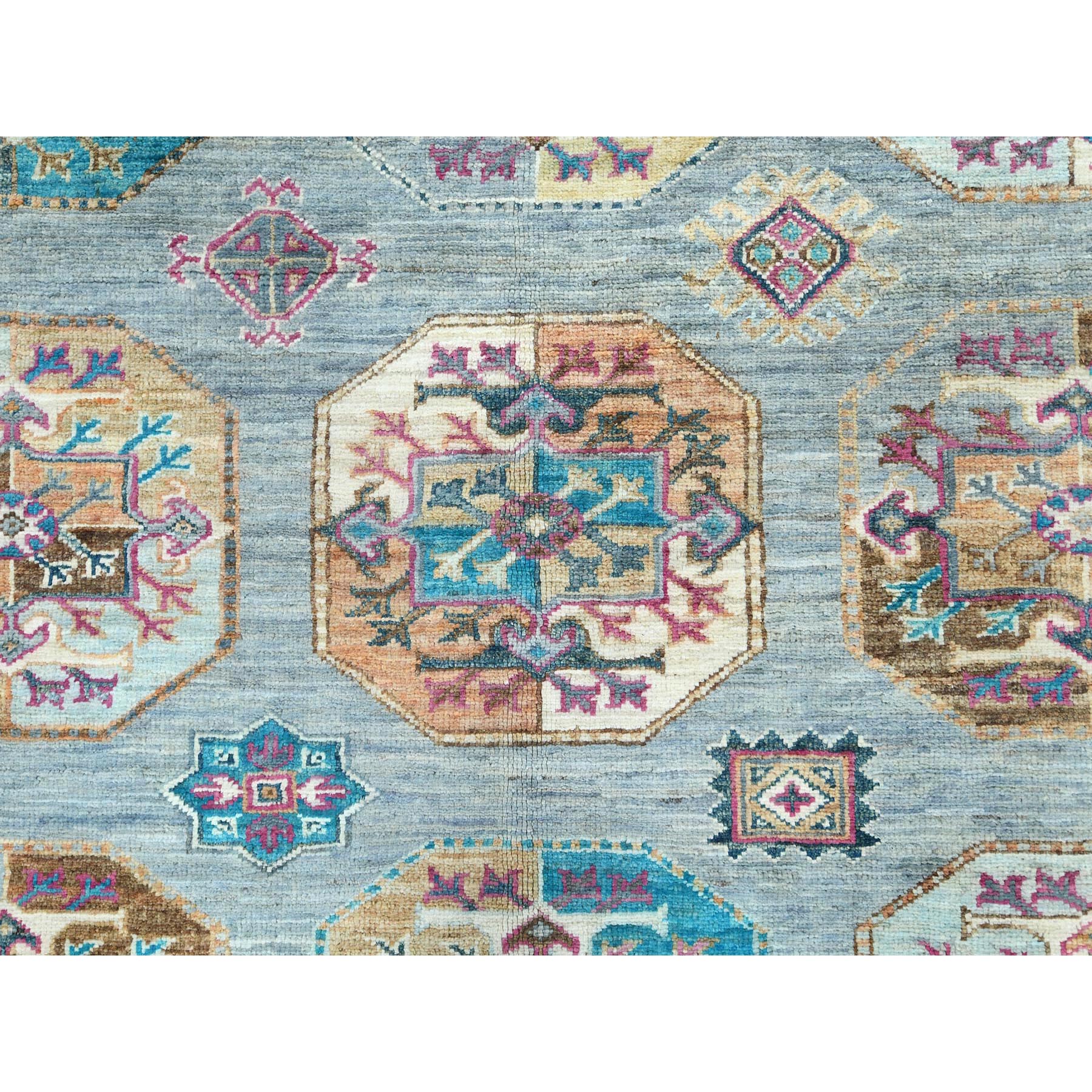 8'8"x11'9" Light Blue, Vegetable Dyes Dense Weave, Extra Soft Wool Hand Knotted, Afghan Super Kazak with Geometric Medallions, Oriental Rug HR82273 - Image 9