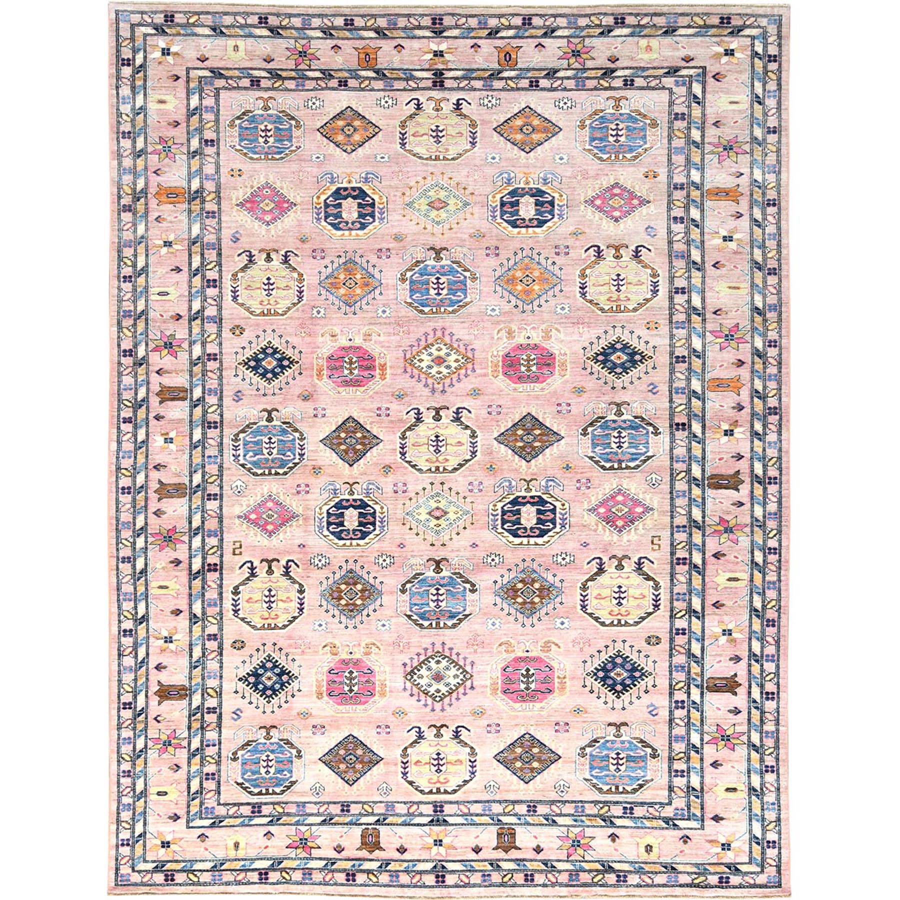 8'10"x12' Pink Blush, Dense Weave Organic Wool, Hand Knotted Afghan Super Kazak with Tribal Geometric Medallions, Vegetable Dyes, Oriental Rug HR82289