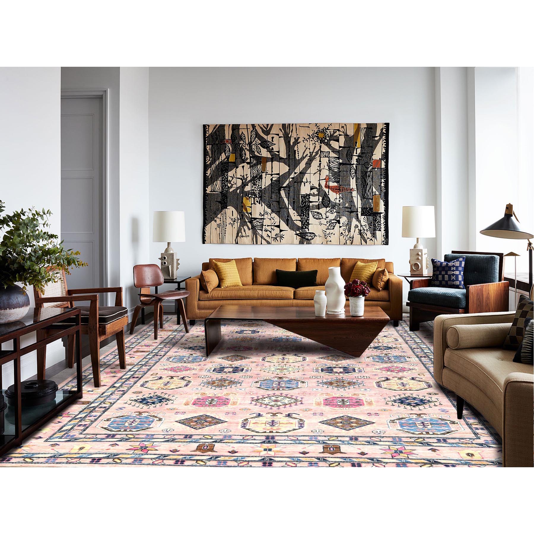 8'10"x12' Pink Blush, Dense Weave Organic Wool, Hand Knotted Afghan Super Kazak with Tribal Geometric Medallions, Vegetable Dyes, Oriental Rug HR82289 - Image 2