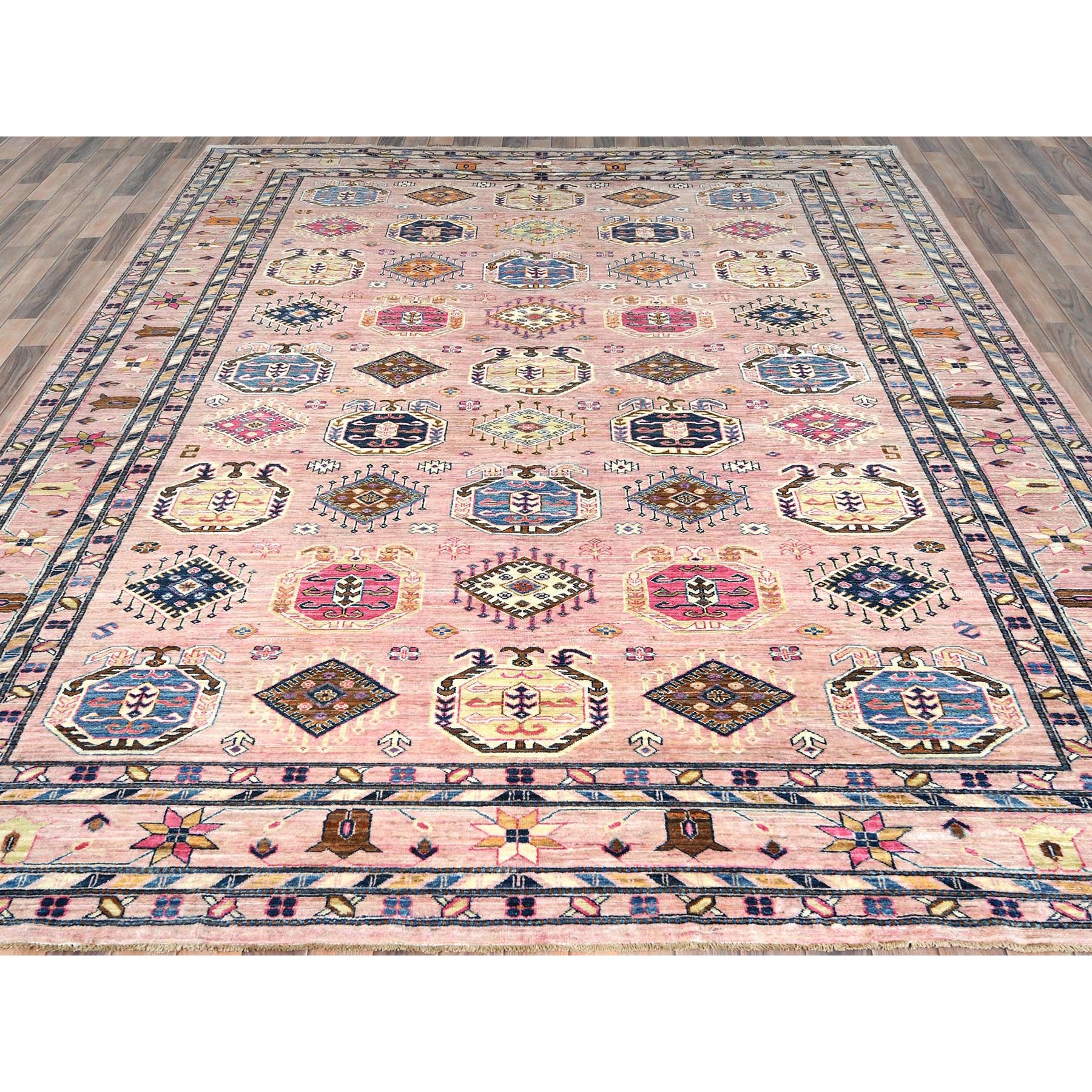 8'10"x12' Pink Blush, Dense Weave Organic Wool, Hand Knotted Afghan Super Kazak with Tribal Geometric Medallions, Vegetable Dyes, Oriental Rug HR82289 - Image 3