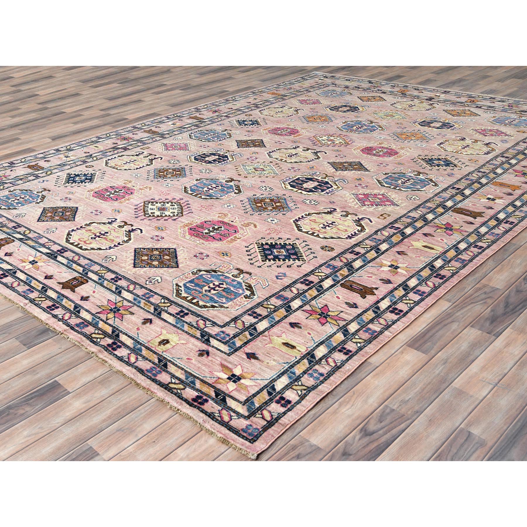 8'10"x12' Pink Blush, Dense Weave Organic Wool, Hand Knotted Afghan Super Kazak with Tribal Geometric Medallions, Vegetable Dyes, Oriental Rug HR82289 - Image 4