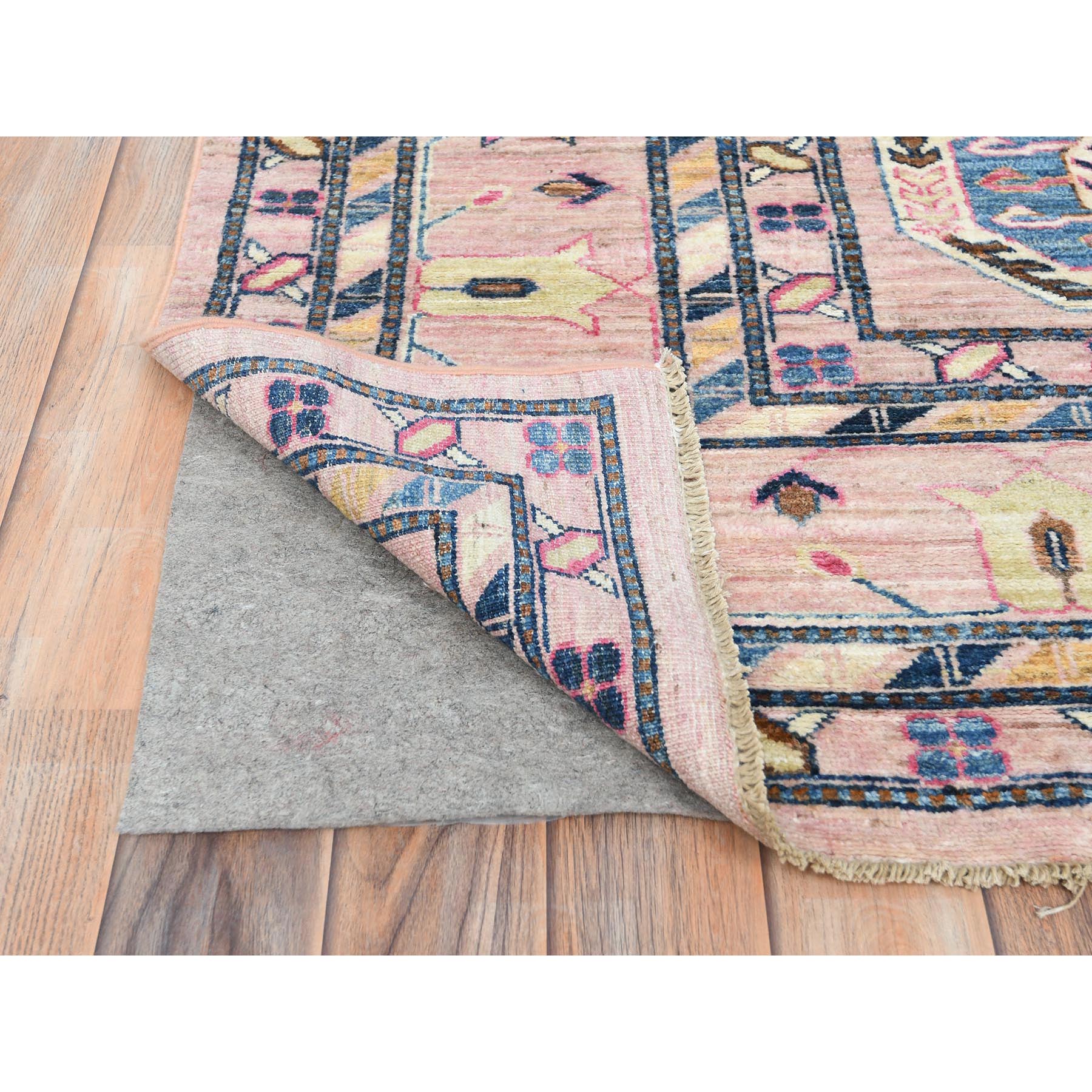 8'10"x12' Pink Blush, Dense Weave Organic Wool, Hand Knotted Afghan Super Kazak with Tribal Geometric Medallions, Vegetable Dyes, Oriental Rug HR82289 - Image 5