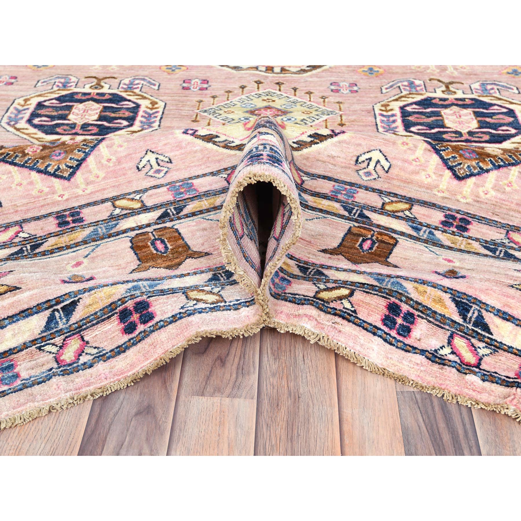 8'10"x12' Pink Blush, Dense Weave Organic Wool, Hand Knotted Afghan Super Kazak with Tribal Geometric Medallions, Vegetable Dyes, Oriental Rug HR82289 - Image 6