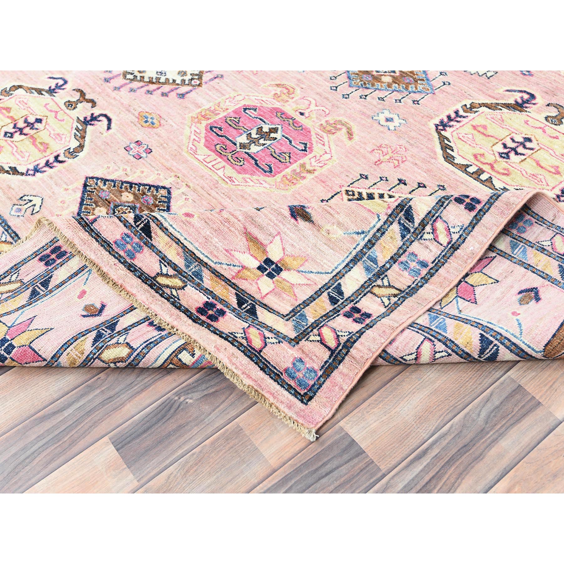 8'10"x12' Pink Blush, Dense Weave Organic Wool, Hand Knotted Afghan Super Kazak with Tribal Geometric Medallions, Vegetable Dyes, Oriental Rug HR82289 - Image 7