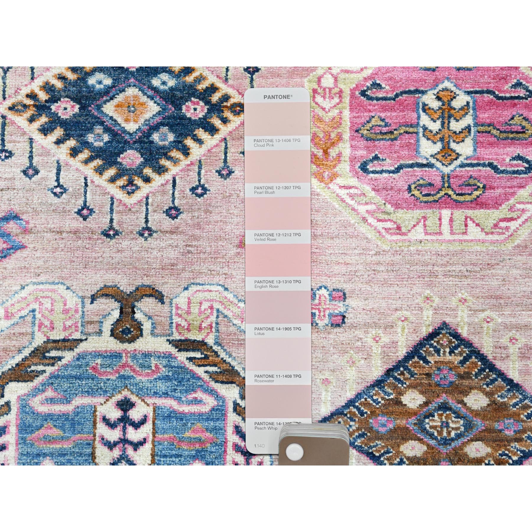 8'10"x12' Pink Blush, Dense Weave Organic Wool, Hand Knotted Afghan Super Kazak with Tribal Geometric Medallions, Vegetable Dyes, Oriental Rug HR82289 - Image 8