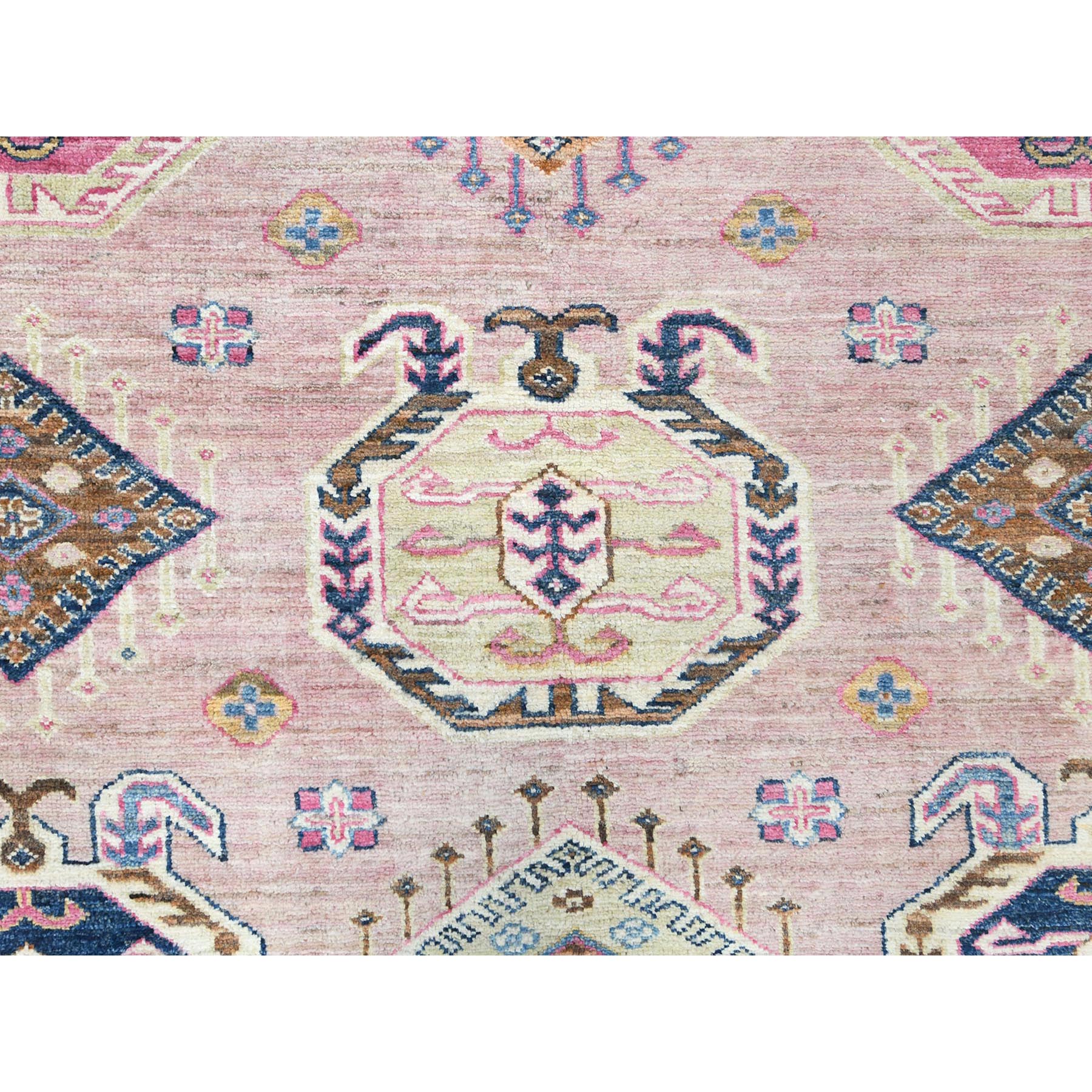 8'10"x12' Pink Blush, Dense Weave Organic Wool, Hand Knotted Afghan Super Kazak with Tribal Geometric Medallions, Vegetable Dyes, Oriental Rug HR82289 - Image 9