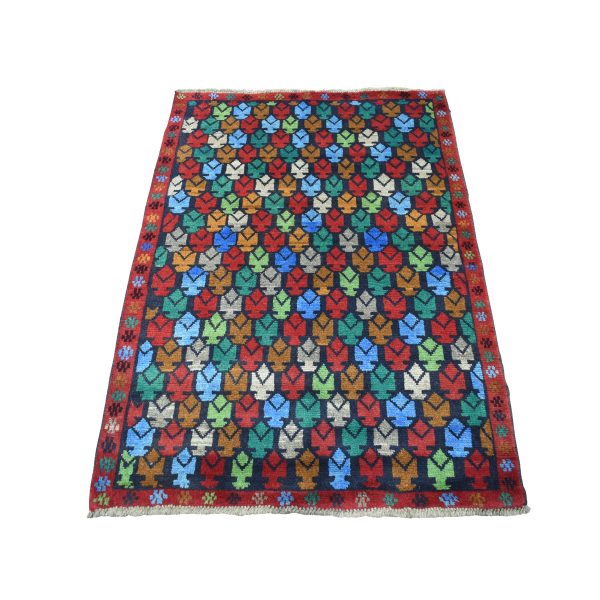 3'5"x4'8" Red Tribal Design Colorful Afghan Baluch Hand Knotted Pure Wool Oriental Rug HR53293