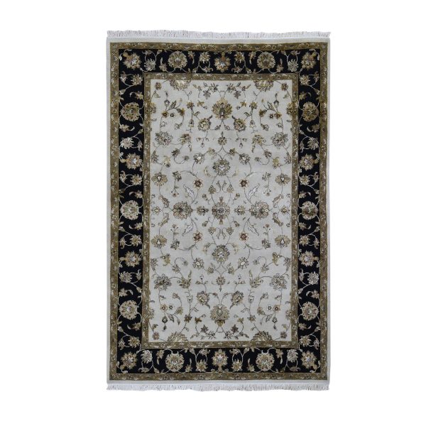 6'x9'3" Black Half Wool And Half Silk Thick and Plush Rajasthan Hand Knotted Oriental Rug HR59016