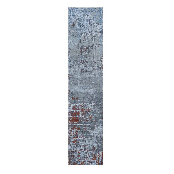 2'5"x12' Terracotta Abstract Design Wool And Silk Hi-Low Pile Denser Weave Runner Hand Knotted Oriental Rug HR59043
