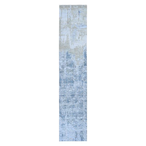 2'6"x12'4" Abstract Design Wool And Silk Denser Weave Runner Hand Knotted Modern Rug HR59113