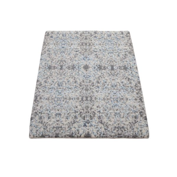 2'x3' Gray Wool And Silk Abstract Design Hand Knotted Oriental Rug HR59130