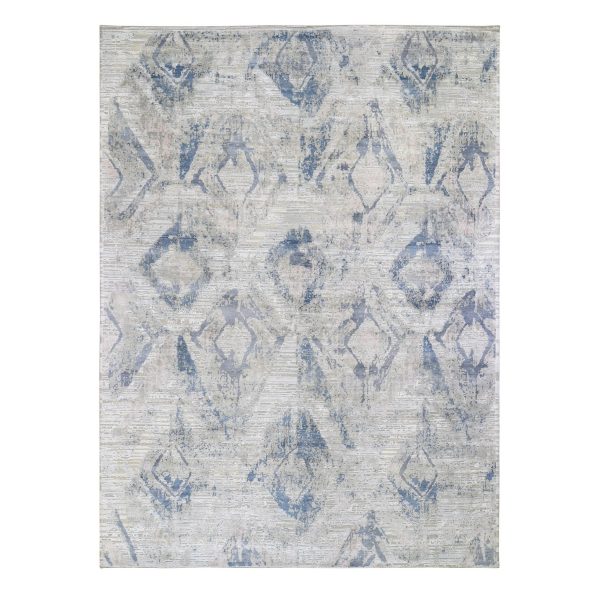 8'10"x12'1" Ivory Large Elements with Pastels Silk With Textured Wool Modern Rug HR59259