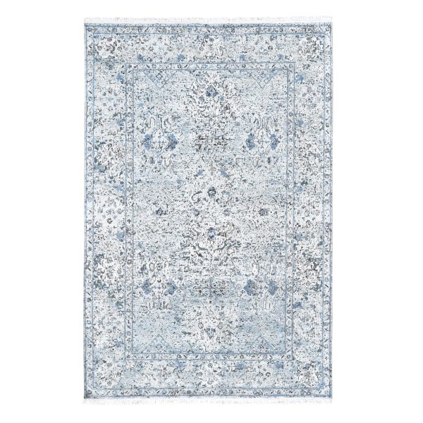 6'x9'3" Ivory Distressed Oushak Pure Silk with Textured Wool Hand Knotted Oriental Rug HR59478
