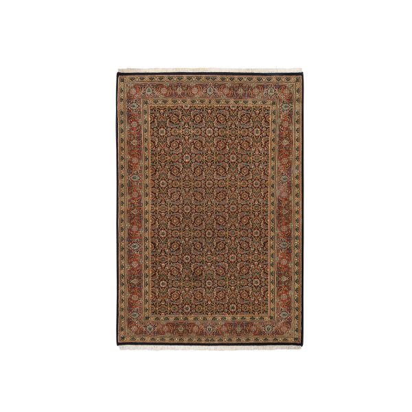 4'x6'2" Midnight Blue Hand Knotted Wool and Silk Herati All Over Fish Design 250 KPSI Dense Weave Oriental Rug HR63000