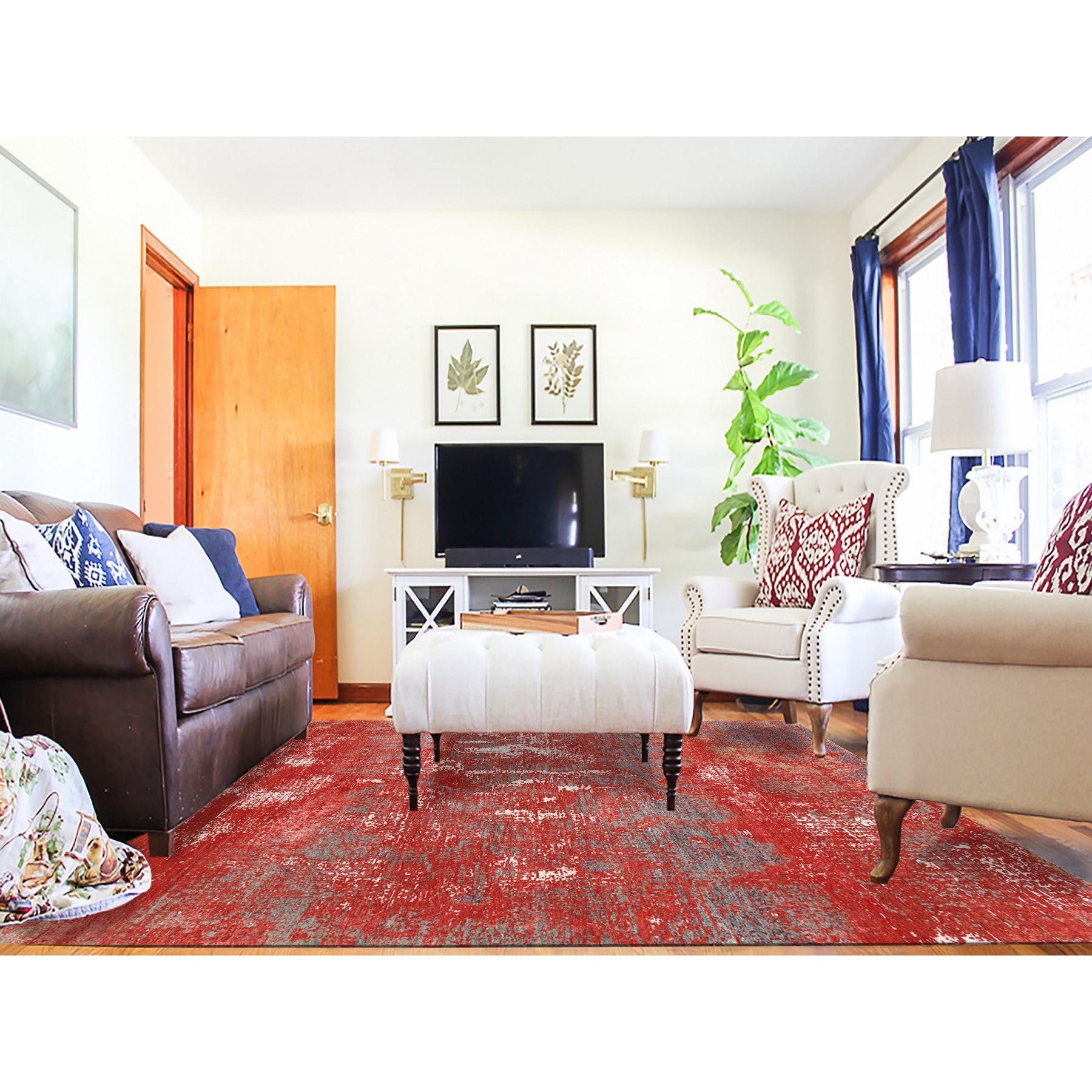 8'x10' Red, Modern Design, Nepale Weave, Wool and Silk, Hand Knotted, Oriental Rug HR63671 - Image 2