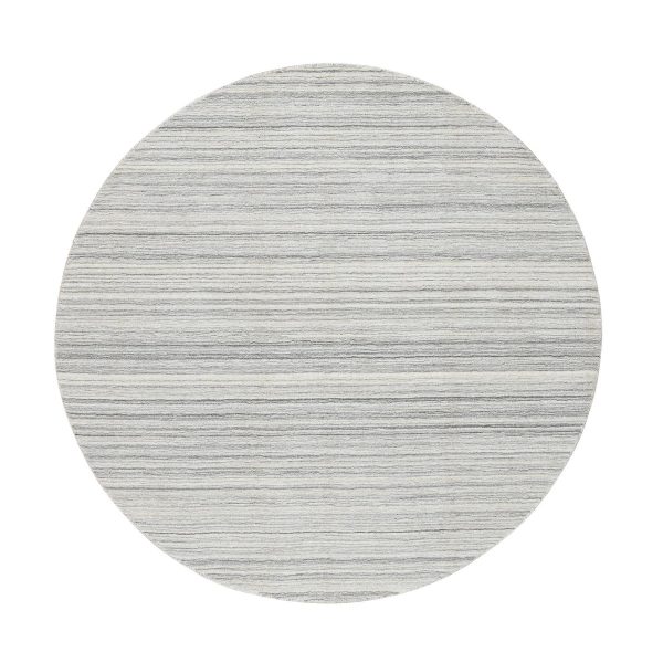 6'x6' Platinum Gray and Cream, Thick and Plush Plain Hand Loomed, Undyed Natural Wool Modern Design, Round Oriental Rug HR64985