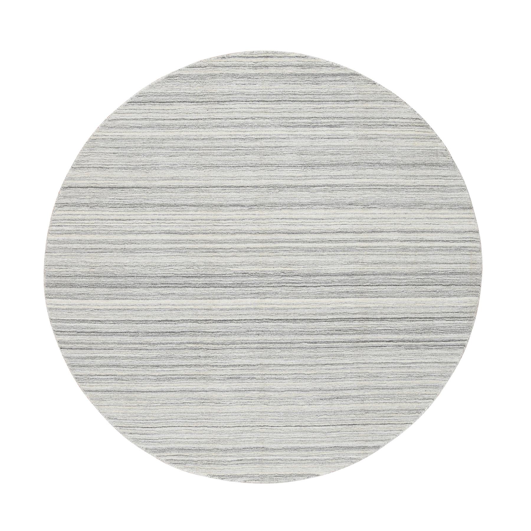 6'x6' Platinum Gray and Cream, Thick and Plush Plain Hand Loomed, Undyed Natural Wool Modern Design, Round Oriental Rug HR64985