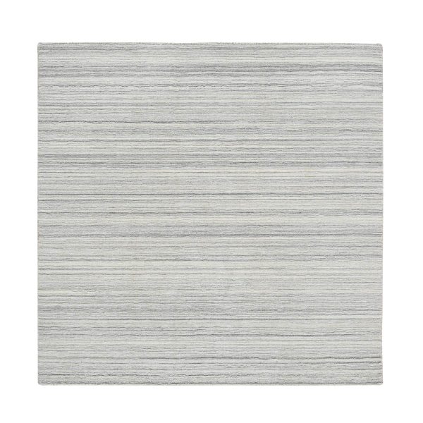 6'x6' Platinum Gray and Cream, Modern Design Thick and Plush, Plain Hand Loomed Undyed Natural Wool, Square Oriental Rug HR64986