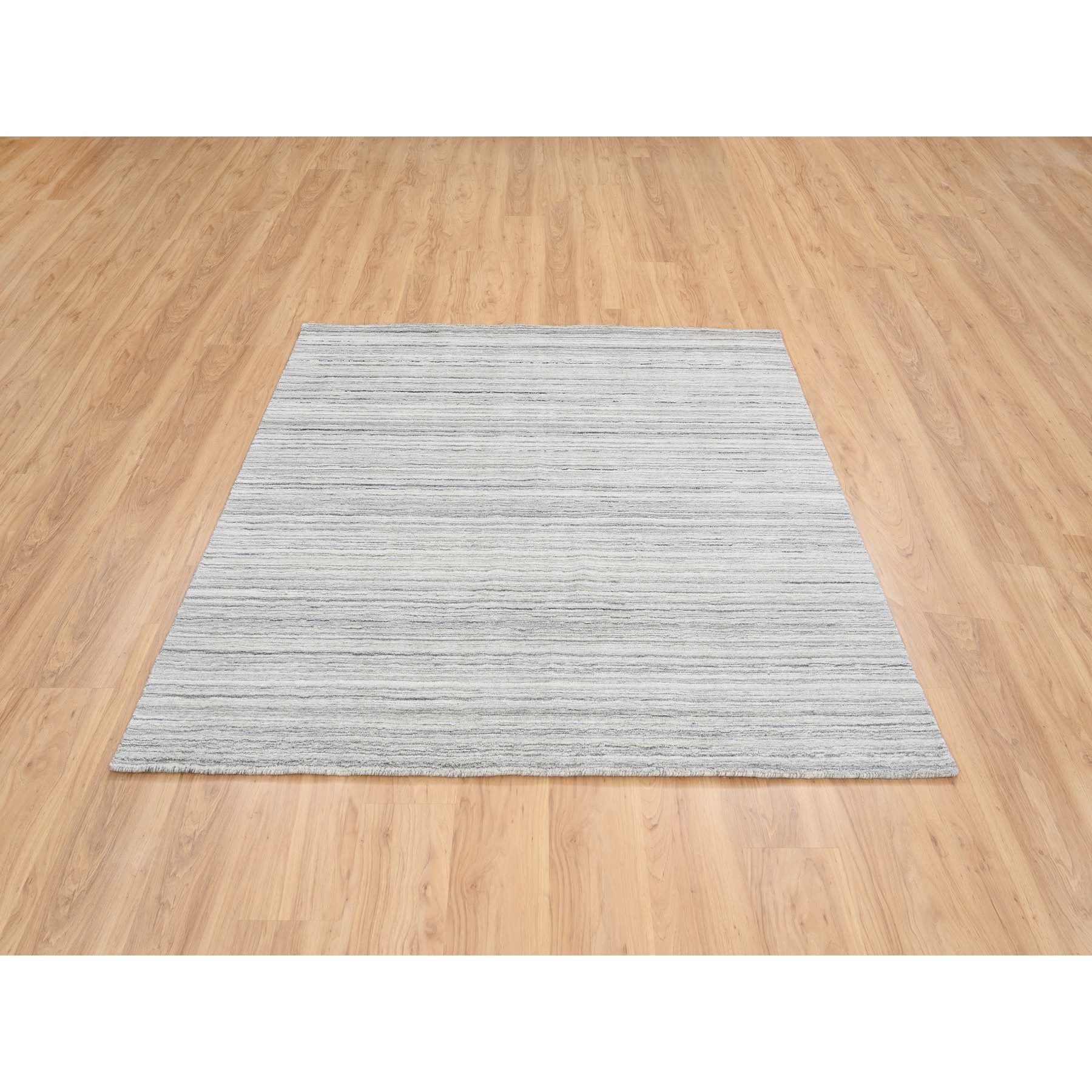 6'x6' Platinum Gray and Cream, Modern Design Thick and Plush, Plain Hand Loomed Undyed Natural Wool, Square Oriental Rug HR64986 - Image 2