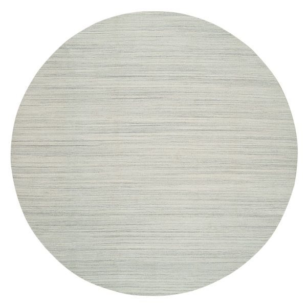 12'1"x12'1" Ivory and Cream, Thick and Plush Plain Hand Loomed, Undyed Natural Wool Modern Design, Round Oriental Rug HR65000