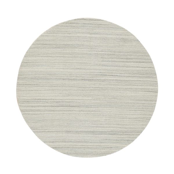 6'1"x6'1" Ivory and Cream, Thick and Plush Plain Hand Loomed, Undyed Natural Wool Modern Design, Round Oriental Rug HR65014