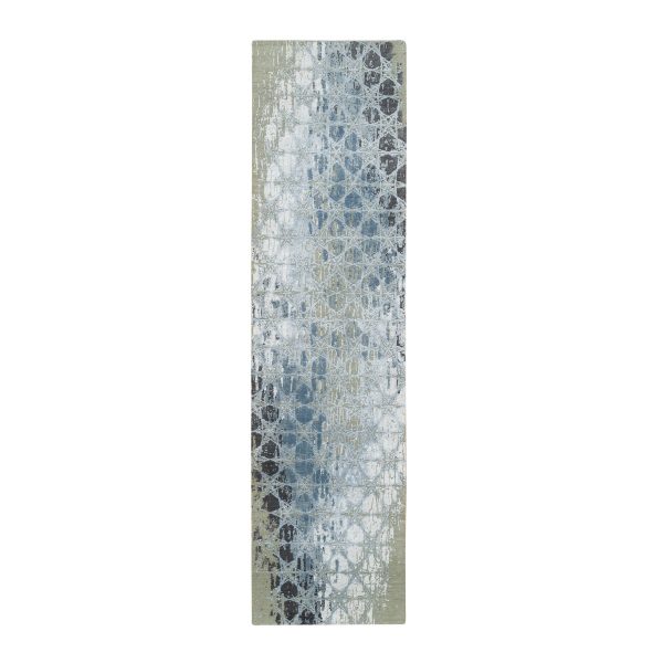 2'6"x10' Gray and Blue, Hand Knotted Wool and Silk, THE HONEYCOMB Award Winning Design, Runner Oriental Rug HR65019