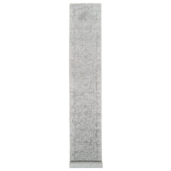2'7"x20' Gray, Wool and Pure Silk Broken Persian Design, Hand Knotted, XL Runner Oriental Rug HR65021