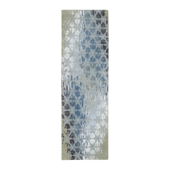 2'6"x8'3" Gray and Blue, Hand Knotted Wool and Silk, THE HONEYCOMB Award Winning Design, Runner Oriental Rug HR65027