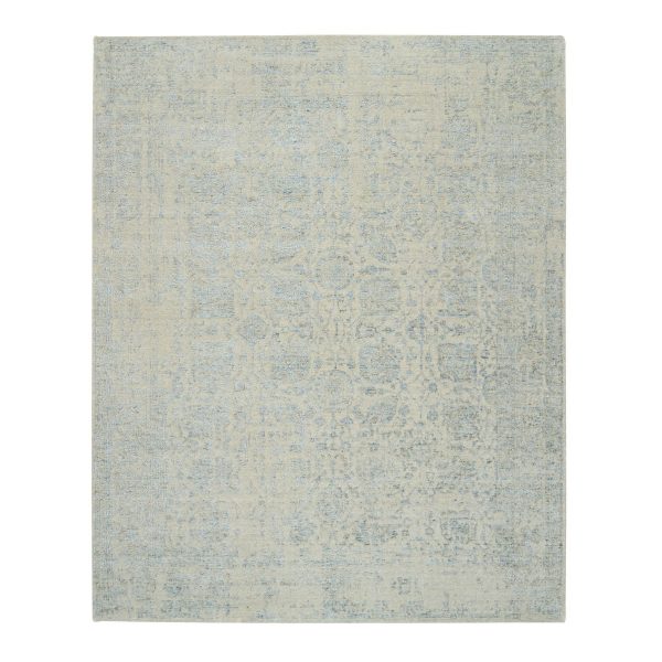 8'1"x10' Blue with Touches of Gray, Jacquard Hand Loomed Wool and Plant Based Silk, Tabriz Design, Oriental Rug HR65034