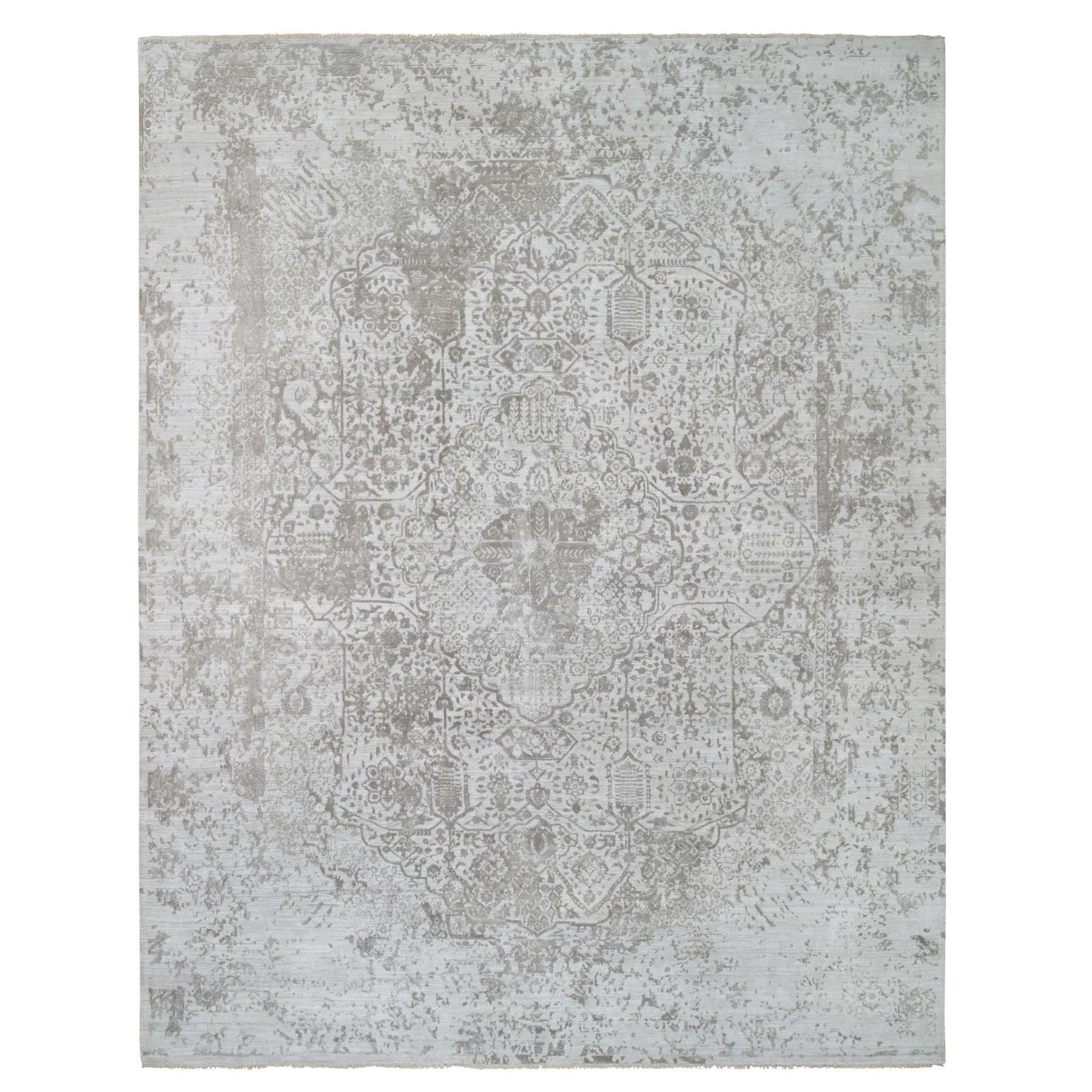 11'9"x15' Gray, Broken Persian Design, Hand Knotted Wool and Pure Silk, Oversized Oriental Rug HR65039