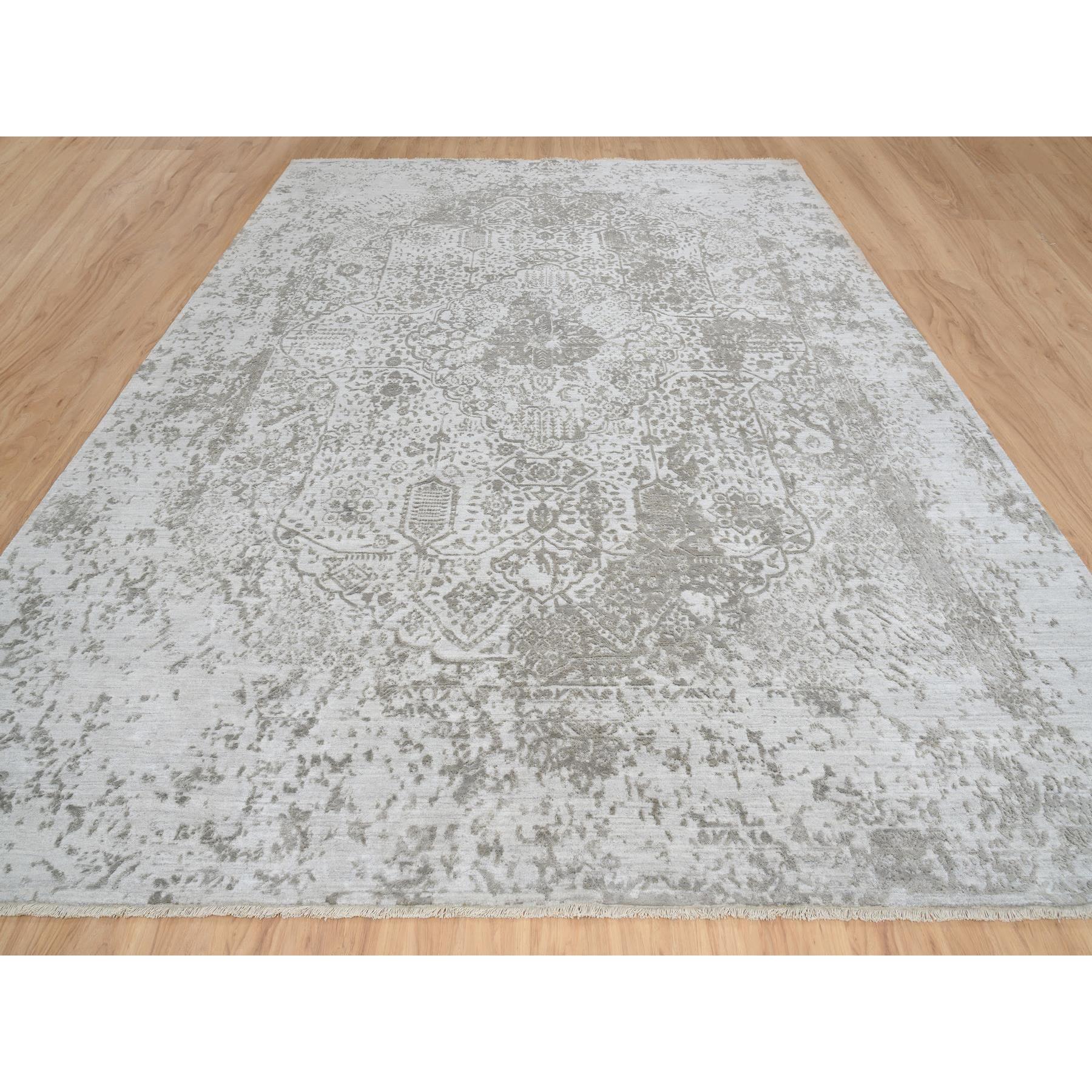 11'9"x15' Gray, Broken Persian Design, Hand Knotted Wool and Pure Silk, Oversized Oriental Rug HR65039 - Image 3