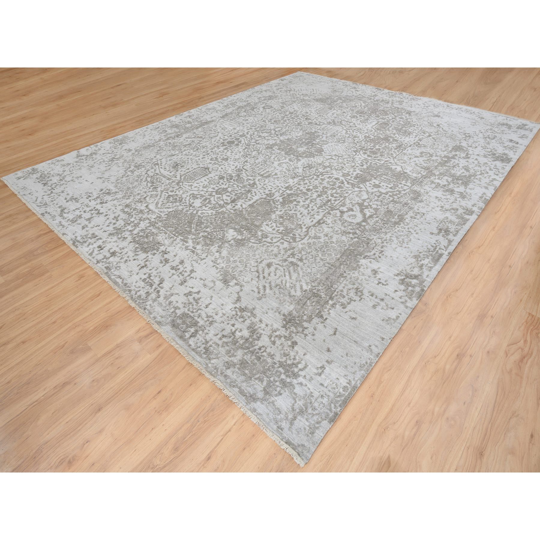 11'9"x15' Gray, Broken Persian Design, Hand Knotted Wool and Pure Silk, Oversized Oriental Rug HR65039 - Image 4